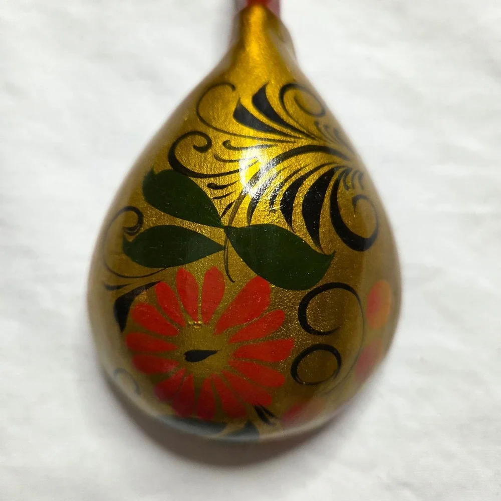 Hand Painted Wooden Spoon Russian Khokhloma Style Floral‎ Design Gold Red Green